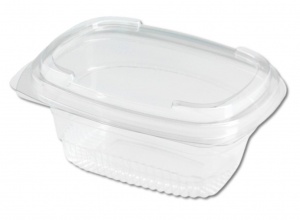 Ceci est un contenant rectangulaire transparent en APET avec un couvercle à charnière, doté d’un profil légèrement plus profond par rapport aux modèles similaires. La surface lisse et brillante offre une transparence optimale, idéale pour mettre en valeur les produits alimentaires. Le contenant présente des parois doucement courbées et une base nervurée, ajoutant une solidité structurelle et aidant à stabiliser le contenu. Le couvercle attaché est muni d’une fermeture à pression sécurisée pour assurer une étanchéité parfaite, préservant la fraîcheur et évitant les déversements. Son design épuré et moderne en fait une option polyvalente pour les emballages alimentaires à emporter, alliant fonctionnalité et esthétique.